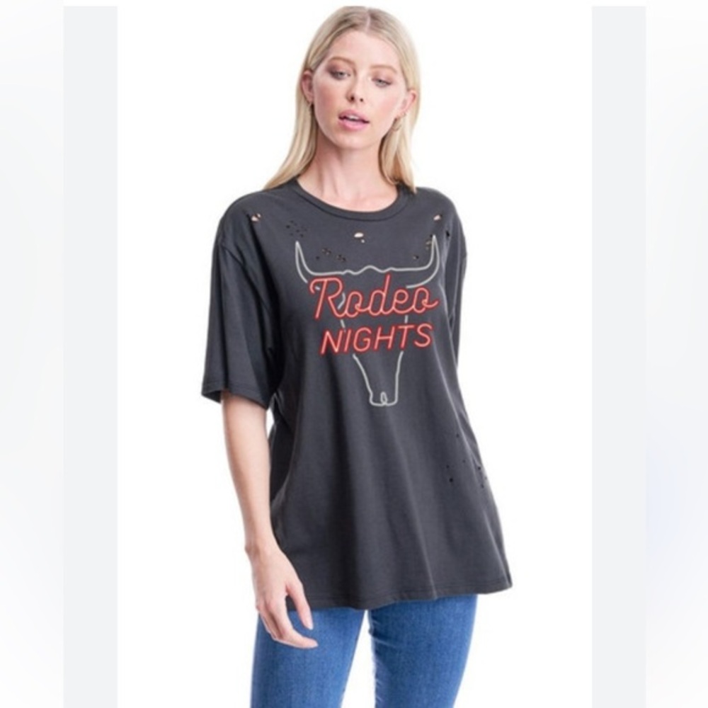 Refined Canvas Women's Black Rodeo Nights Graphic Distressed T-Shirt size Large